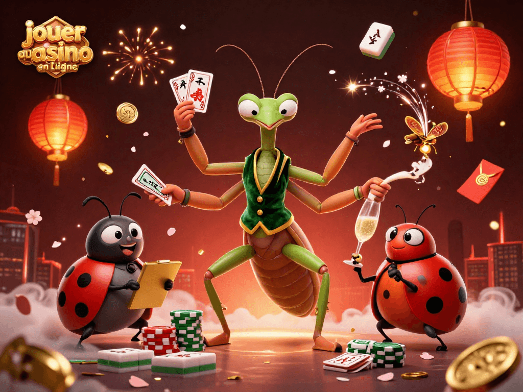 Jouer au casino en ligne avec un caméléon géant et des éléments de jeu dans une scène dynamique.