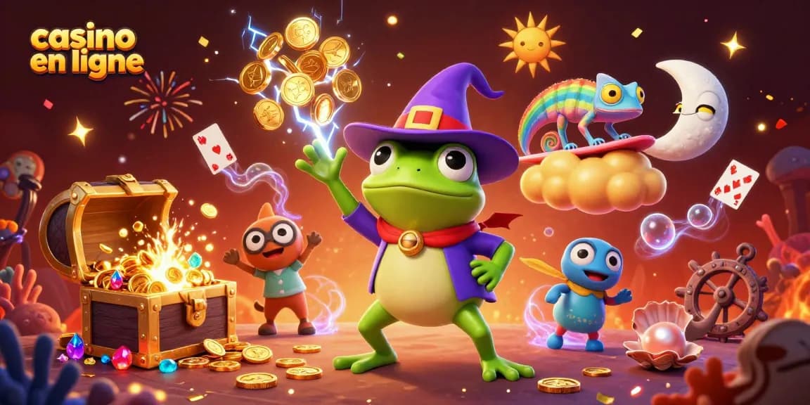 Découvrez l'excitation du casino en ligne avec des personnages vibrants et des éléments dorés scintillants.