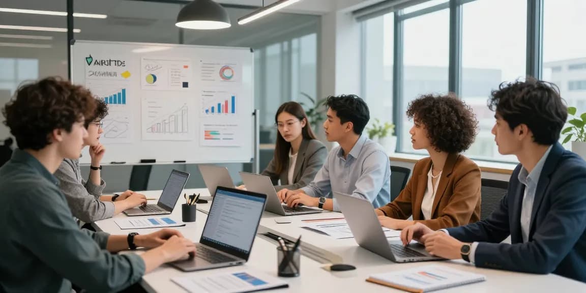 Dynamic workspace at a Digital Marketing Agency with professionals collaborating on strategies and marketing materials.