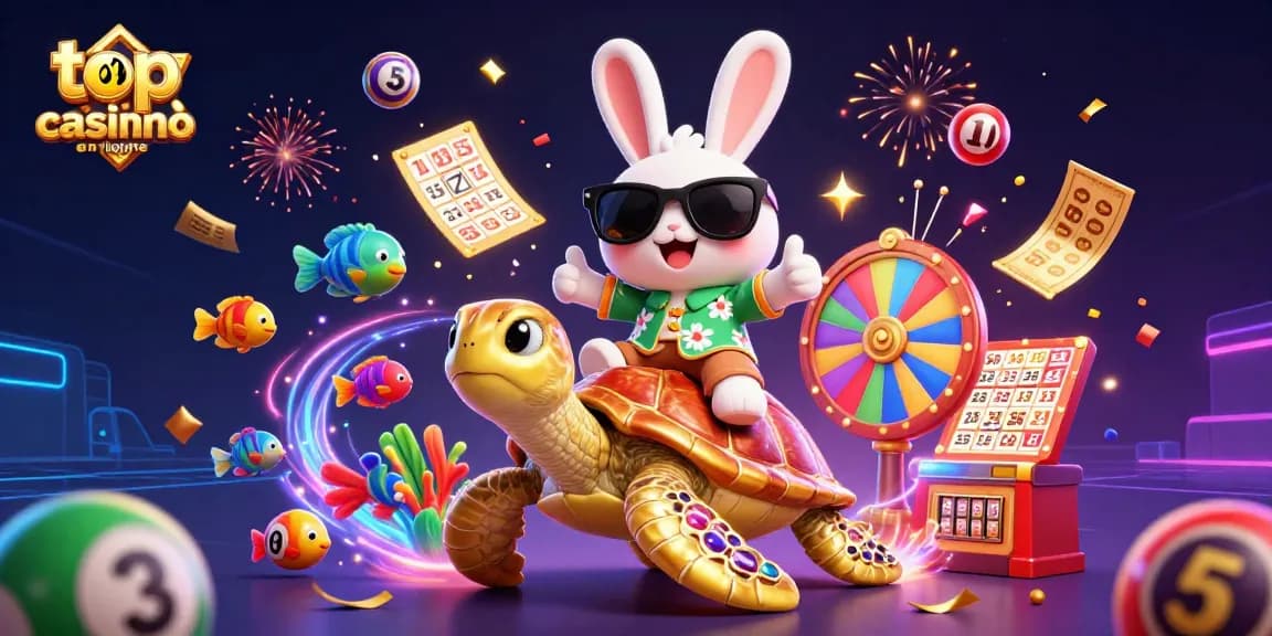 Jouez sur le top casino en ligne, animé par un lapin chanceux et une tortue dorée, entouré de jeux de loterie.