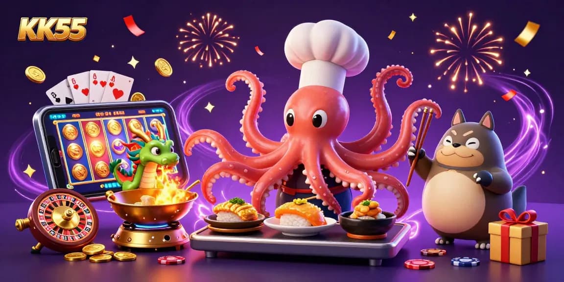 Engage with KK55's dynamic casino experience featuring a sushi chef octopus and a wasabi dragon.