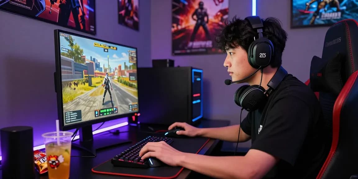 Intense gamer using PUBG cheats on a high-definition monitor with gaming gear in a dimly lit room.