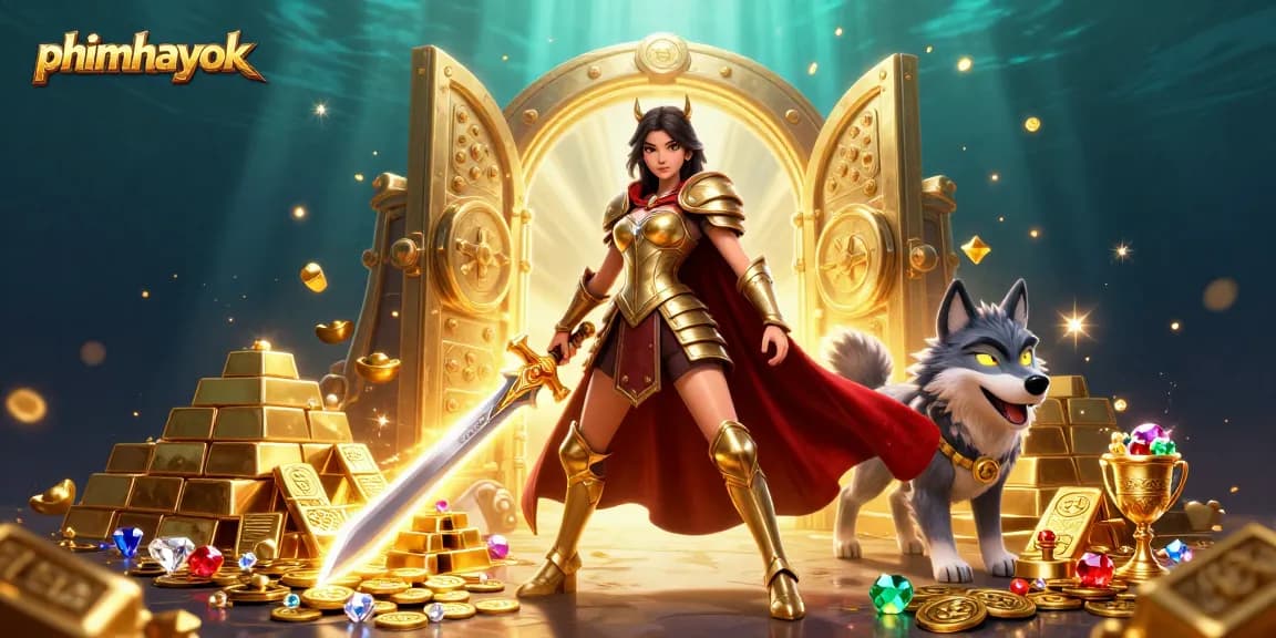 Experience exhilarating gameplay at phimhayok with a captivating warrior scene and gold treasures.