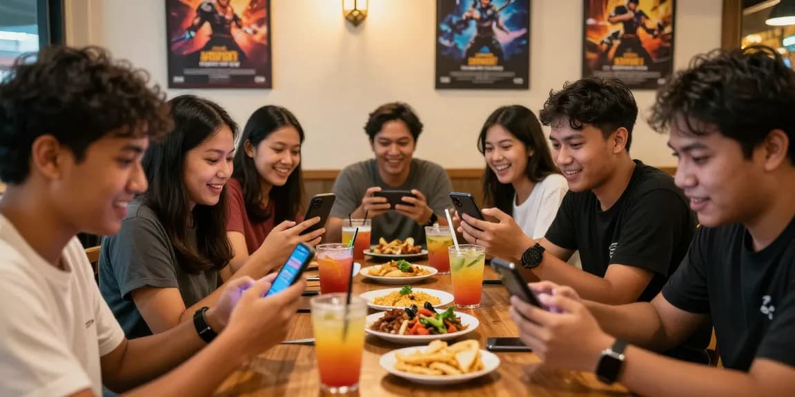Teman-teman bermain Juragan77 di kafe dengan minuman berwarna-warni dan suasana yang ceria.