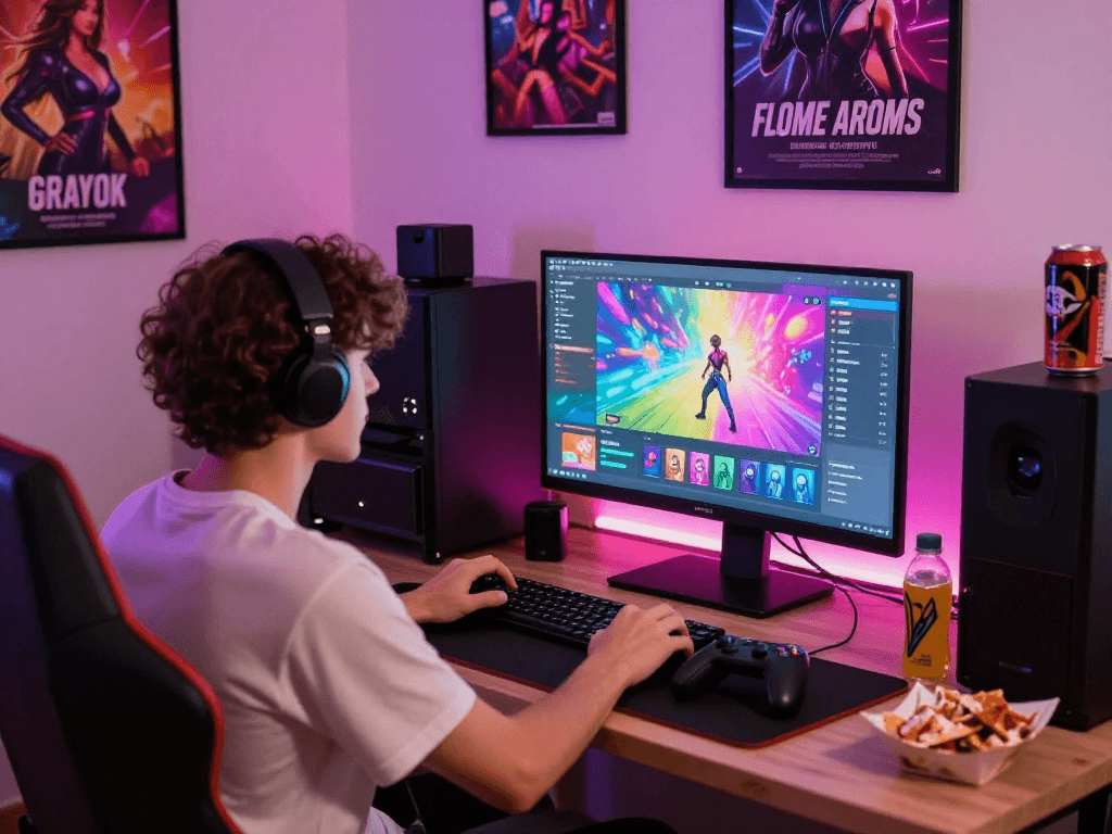 Engaging scene of a player immersed in sex games on a colorful monitor.