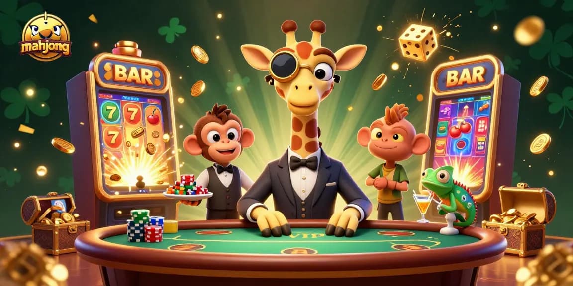 Enjoy mahjong-themed excitement with colorful slot machines and animated characters in a vibrant casino scene.