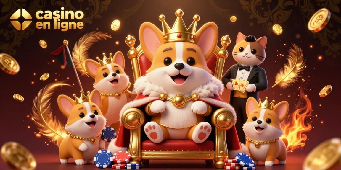 Participez à des activités passionnantes de casino en ligne, mettant en vedette un corgi royal sur un trône de jetons de poker.
