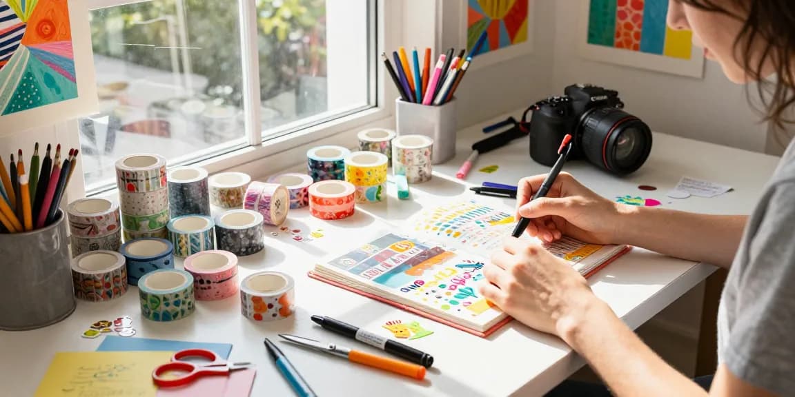 Custom washi tape artist designing a scrapbook in a bright creative workspace.