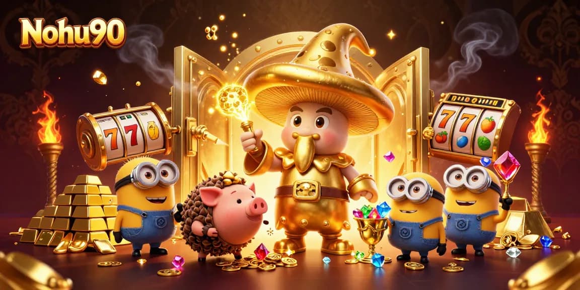 Nohu90 wizard and pig friend revealing treasures in a vibrant, magical casino atmosphere