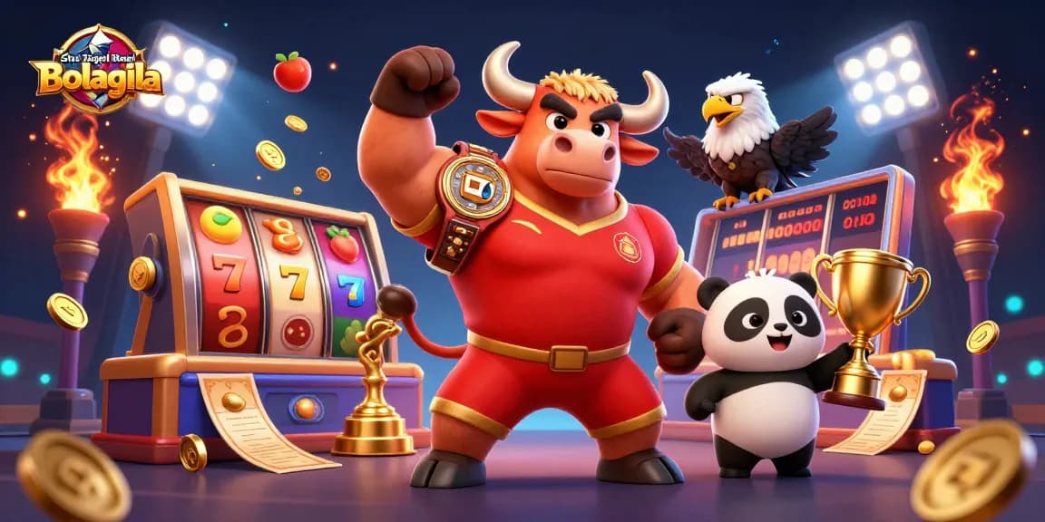 Situs Togel Resmi Bolagila menyajikan suasana kemenangan dengan karakter kartun 3D berpose sambil merayakan dengan trofi dan koin emas