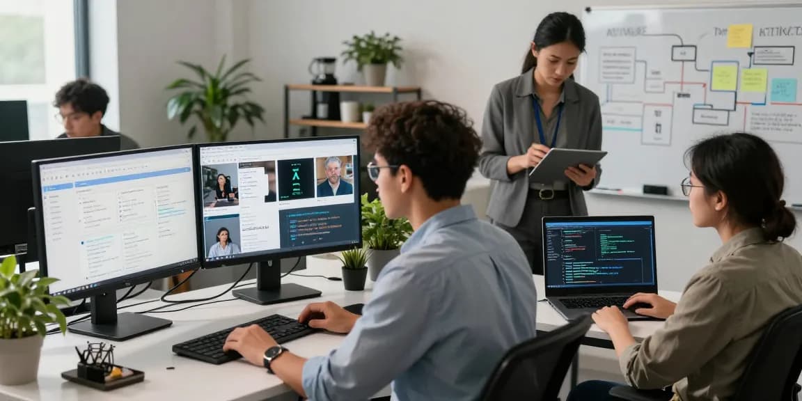 AI detector technology workspace with professionals analyzing content moderation data.
