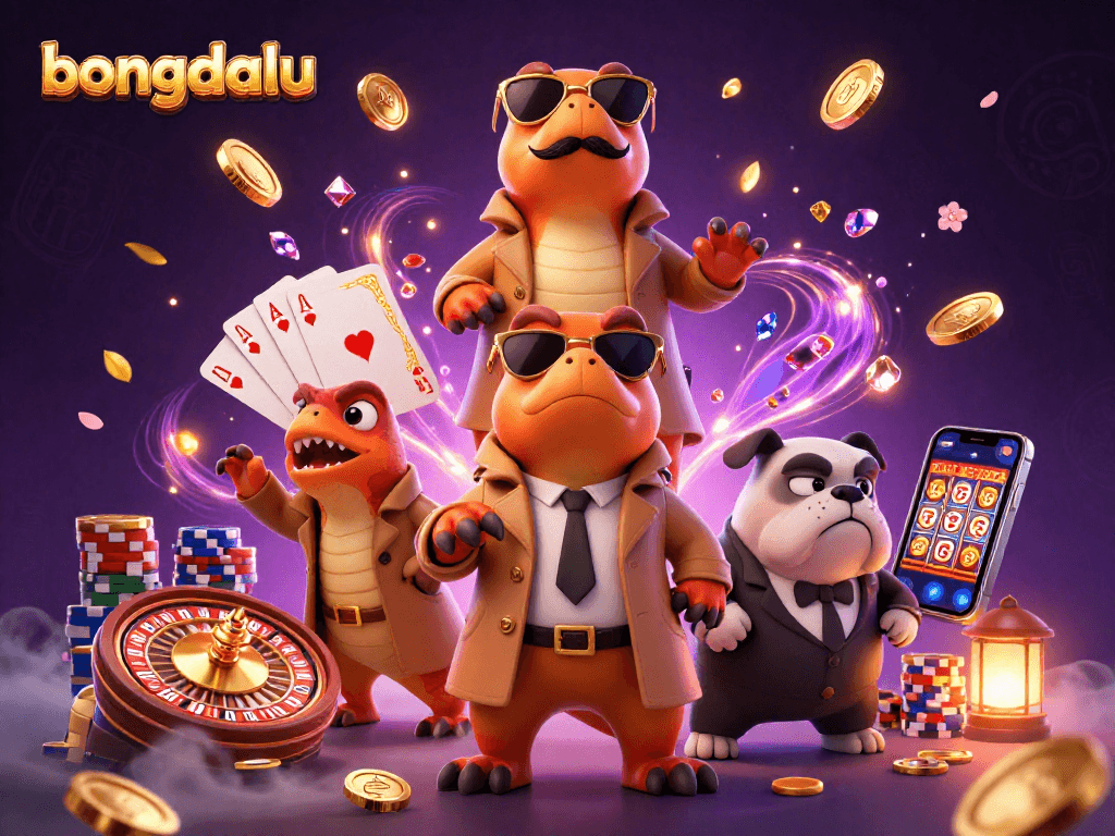 Bongdalu: raptors in a trench coat entering a VIP casino, surrounded by casino elements.