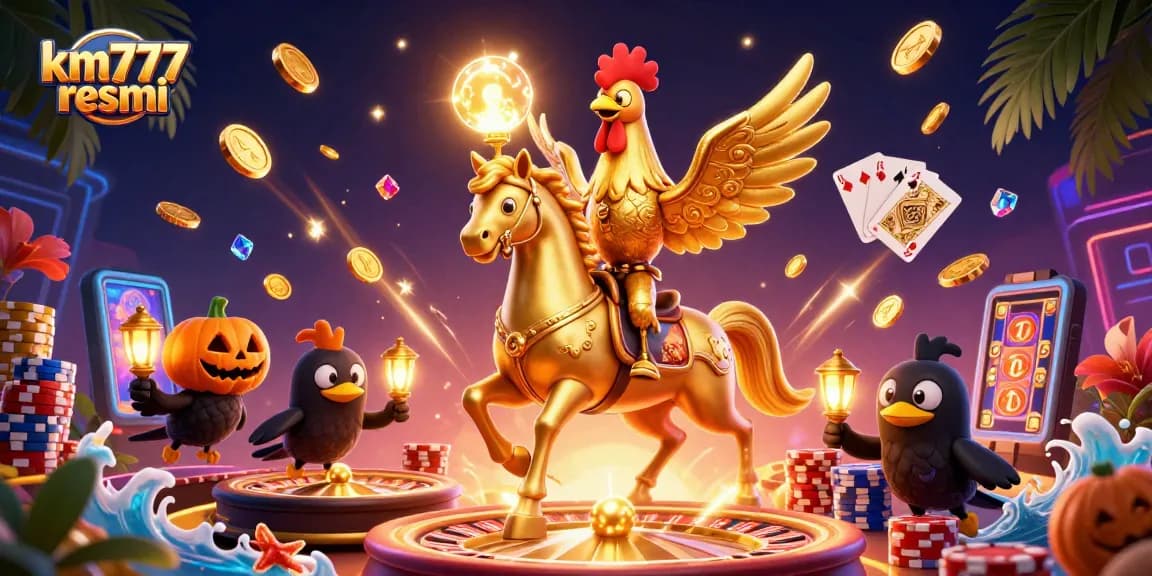Win big at km777 resmi with a vibrant casino scene featuring gold coins and colorful games.