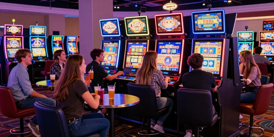 Experience Slot Gacor Hari Ini with friends at a lively casino gaming scene.