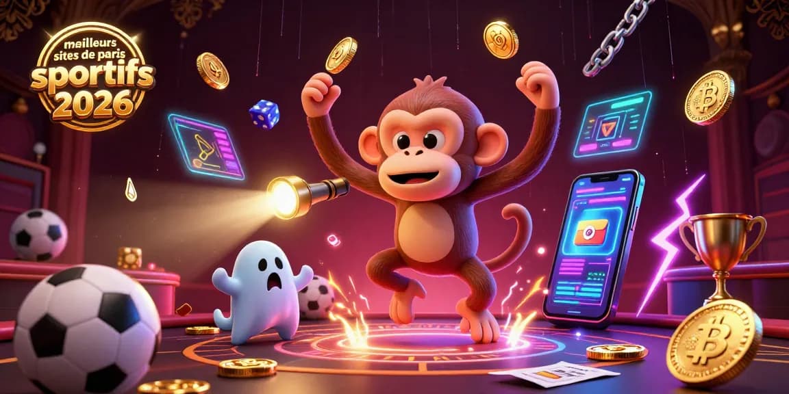 Illustration des meilleurs sites de paris sportifs 2026 avec un singe poltergeist et un chiot chasseur de fantômes