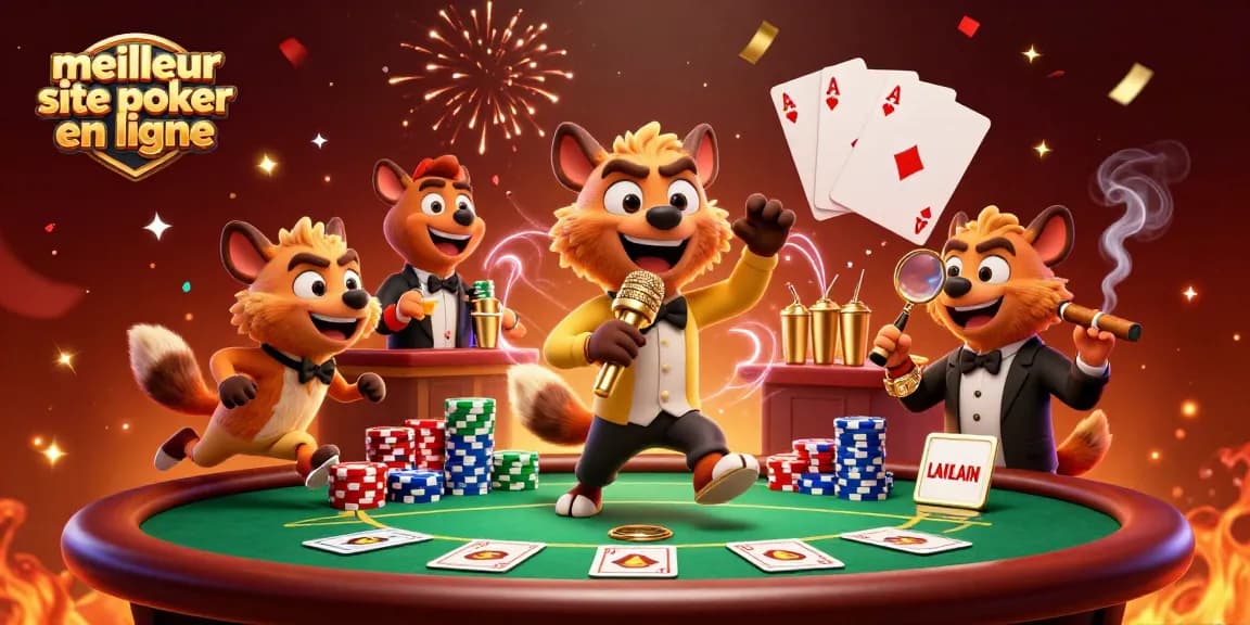 Expérimentez le meilleur site de poker en ligne avec cette scène animée de hyènes dans un casino.