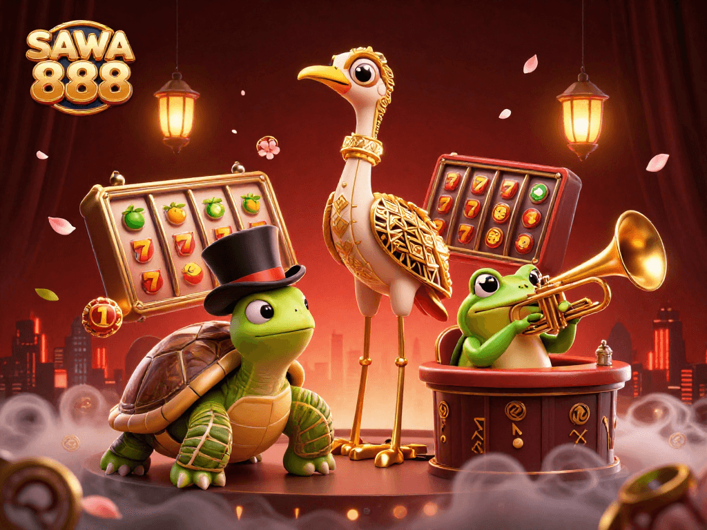 Engage with SAWA 888's vibrant 3D casino scene showcasing exciting slot elements and stunning characters.
