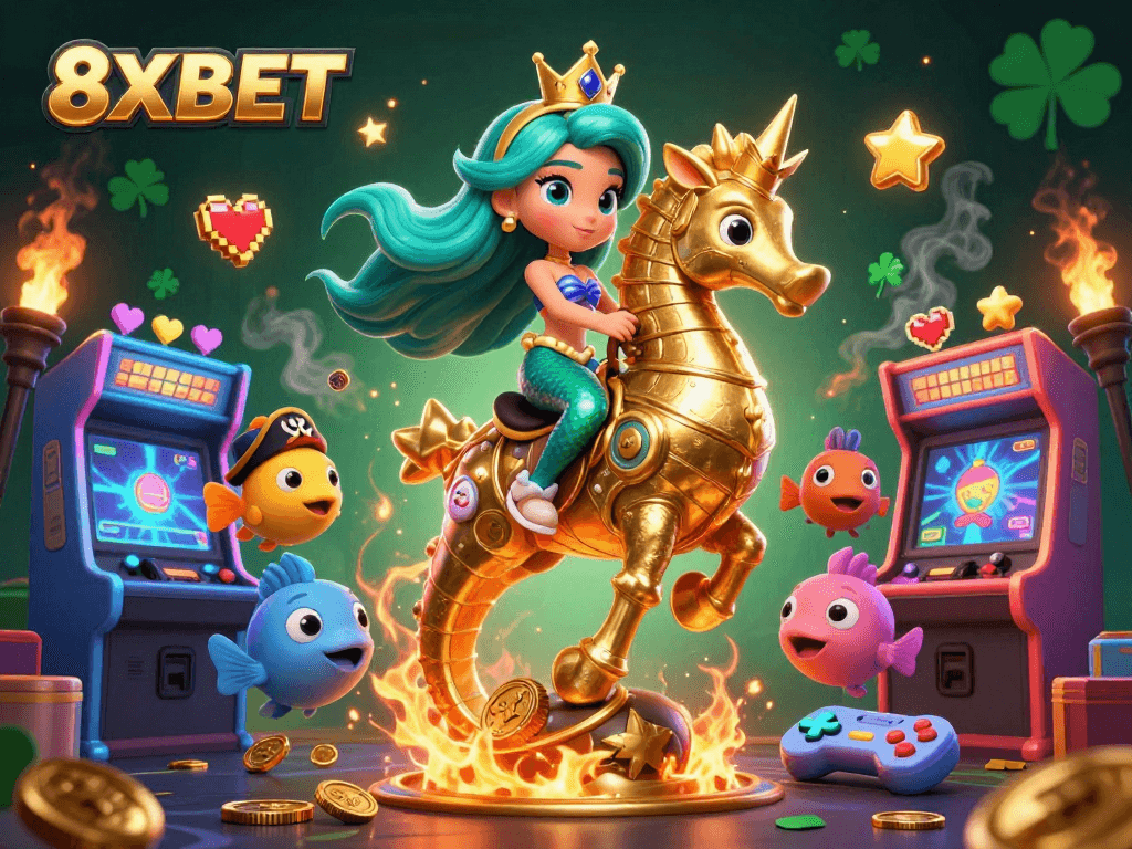 Experience thrilling gaming action with 8XBET featuring a magical mermaid and vibrant arcade elements.