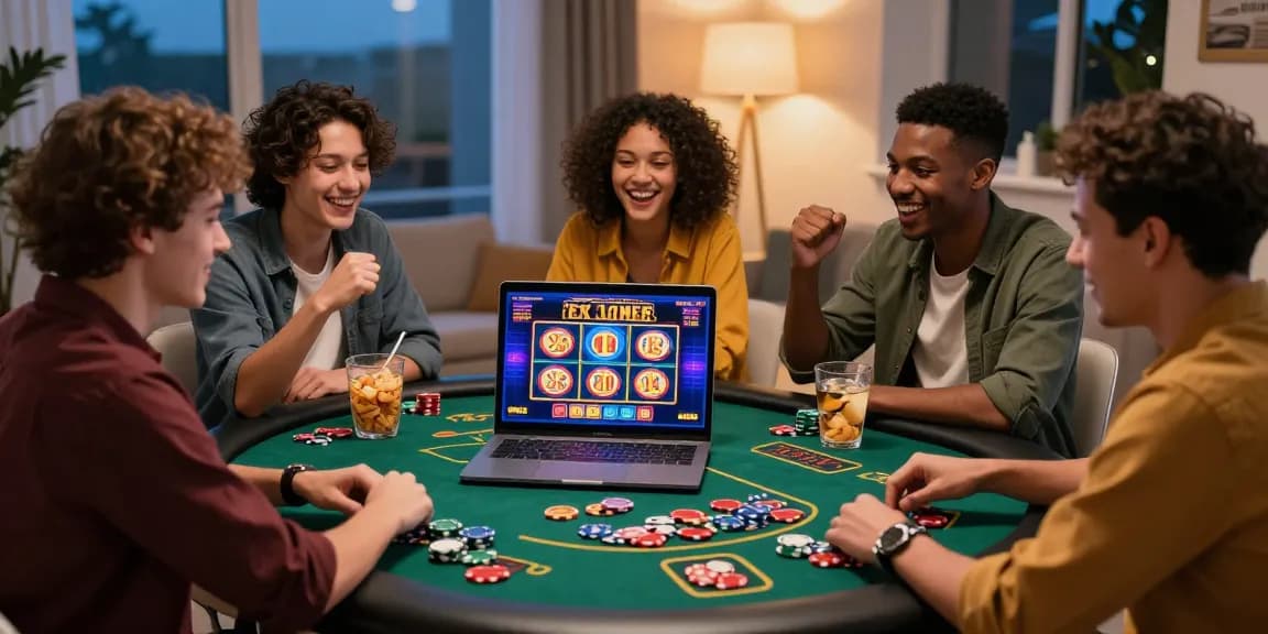 Amis enthousiastes profitant du casino en ligne ensemble dans une atmosphère animée avec des éléments de jeu.
