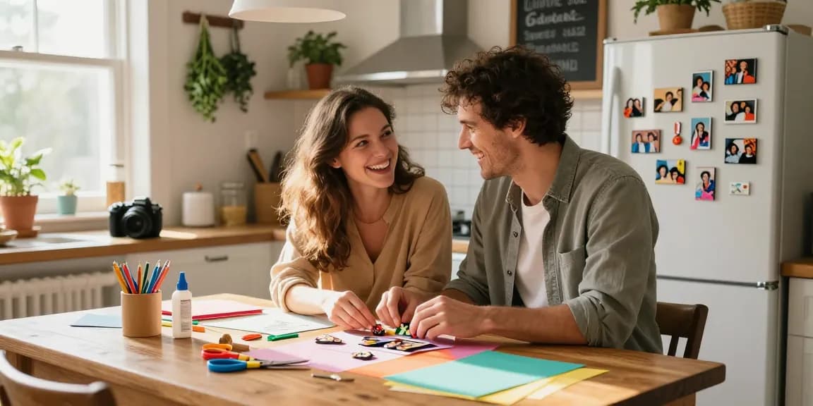 Couple joyfully creating fridge magnets from favorite photos in a bright kitchen