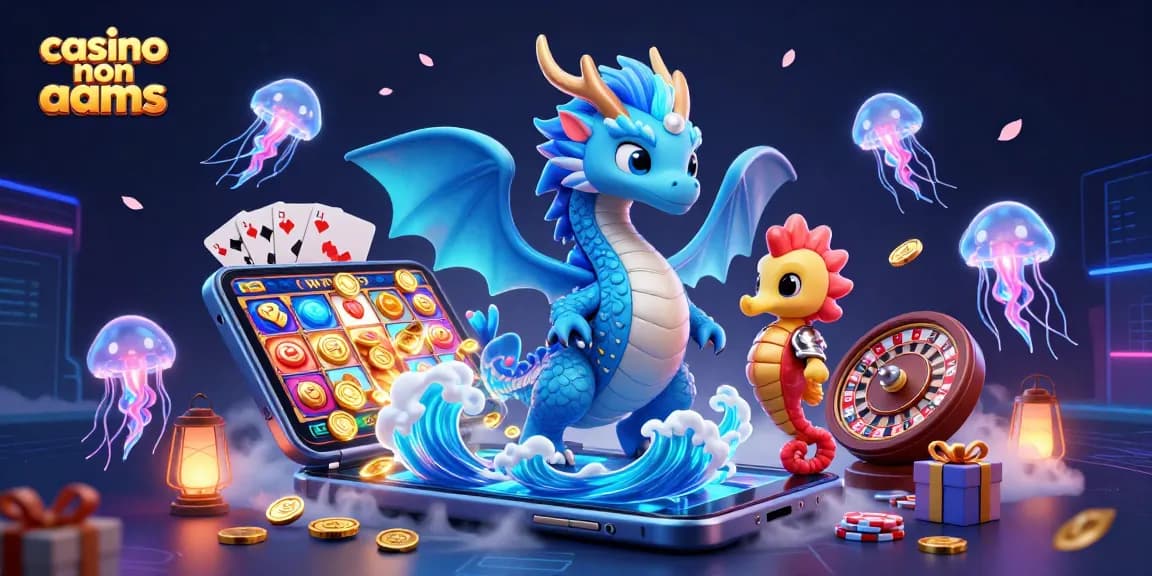 Scopri la magia dei casinò non AAMS con questa vivace illustrazione 3D che presenta un drago d'acqua e elementi di gioco.