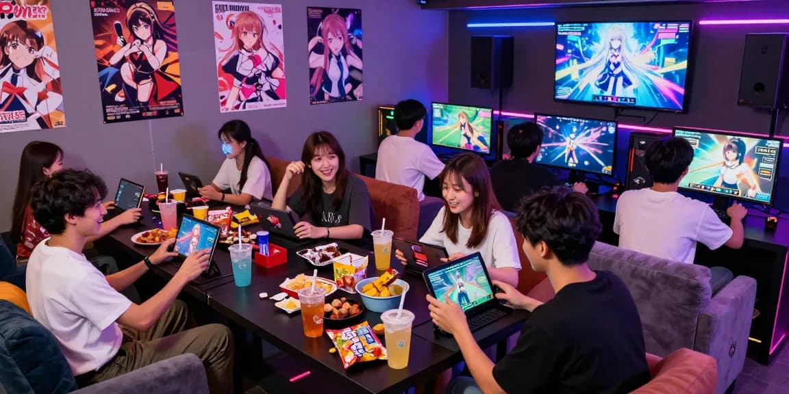 Group of friends enjoying ecchi games in a vibrant gaming lounge, discussing gameplay and characters.