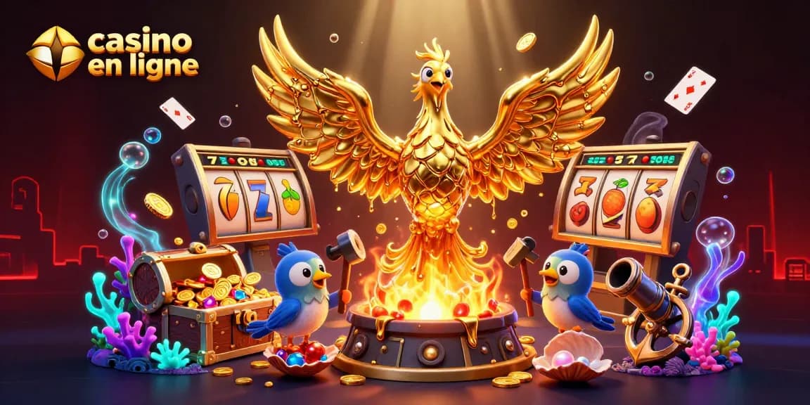 Jouez au casino en ligne avec une illustration dynamique de phoenix doré flottant parmi des jetons d'or et des rouleaux.