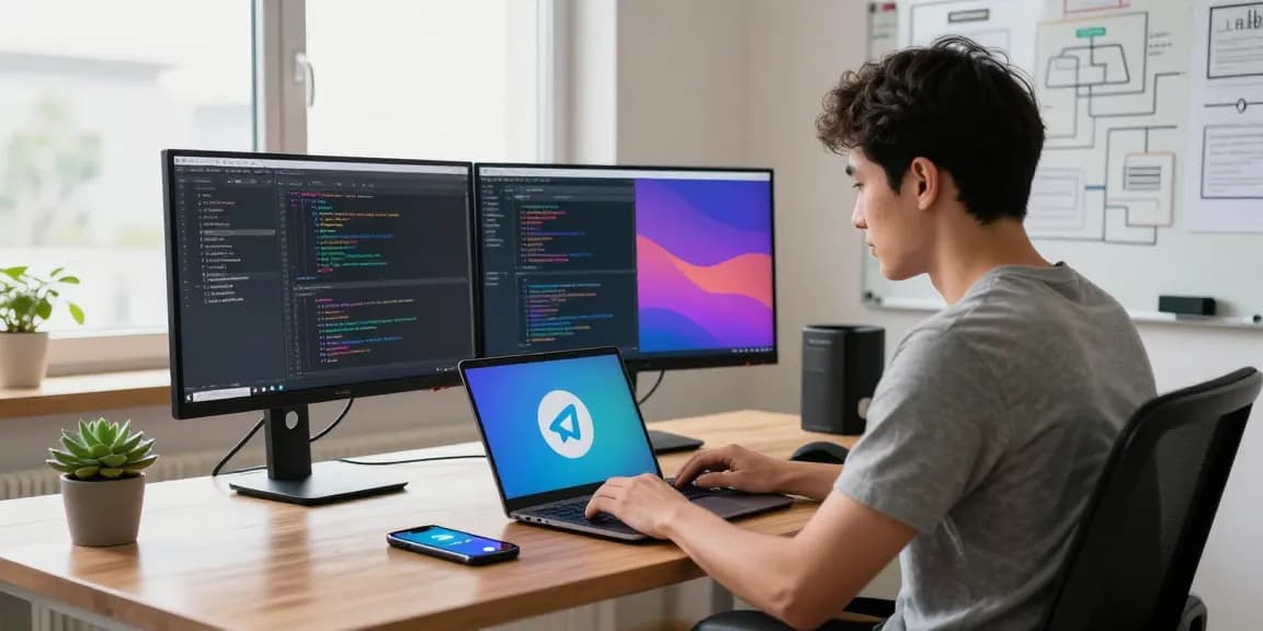 Downloading the telegram china apk on a sleek laptop in a modern home office, with vibrant interface references and tech-oriented decor.