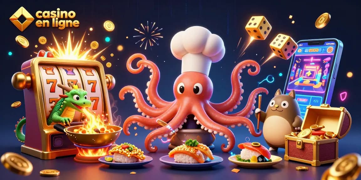 Un chef sushi pieuvre préparant des plats dorés dans un casino en ligne vibrant et dynamique.