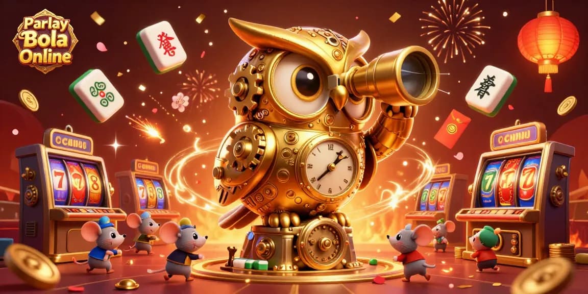 Experience Parlay Bola Online with a vibrant 3D illustration of a clockwork owl and casino elements.
