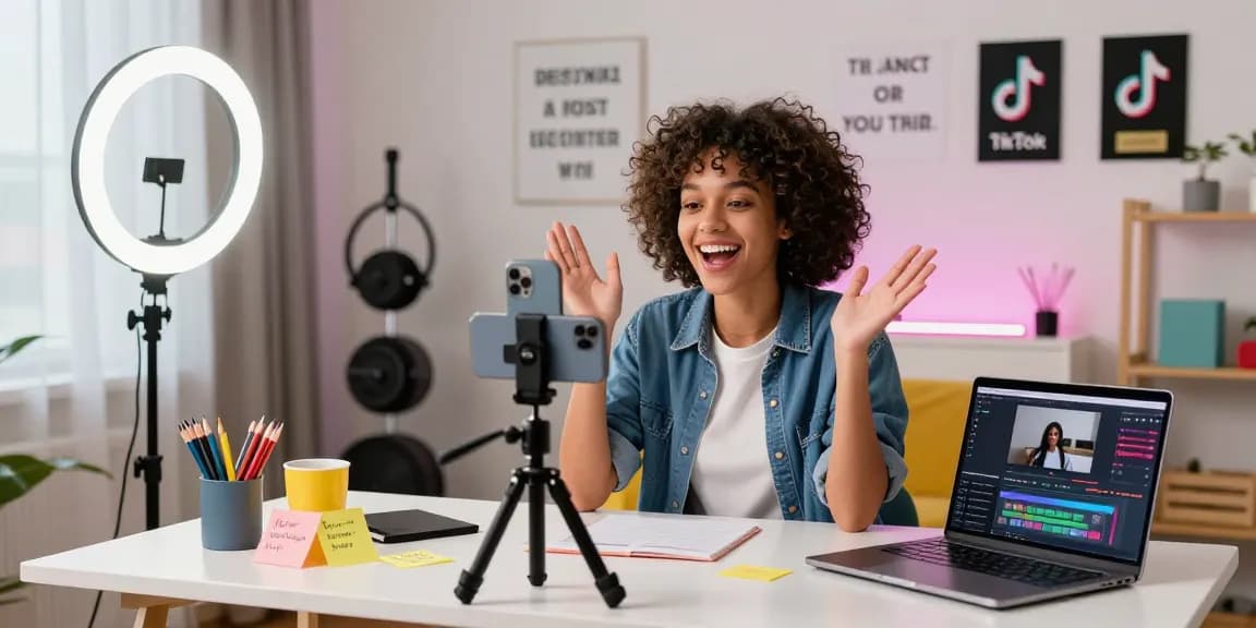 Engaging TikTok creator capturing content to buy TikTok live views in a vibrant home studio