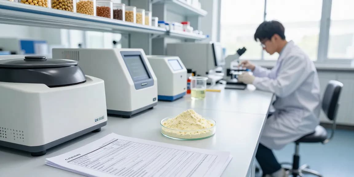 Phosphatidylserine powder production in a modern biotech lab with scientists and quality assurance elements.