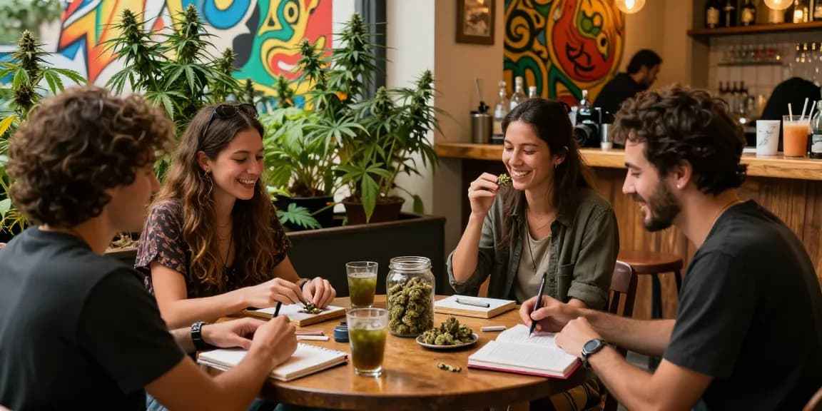Clubs Cannabis Madrid scene with friends enjoying cannabis and sharing stories in a social atmosphere.