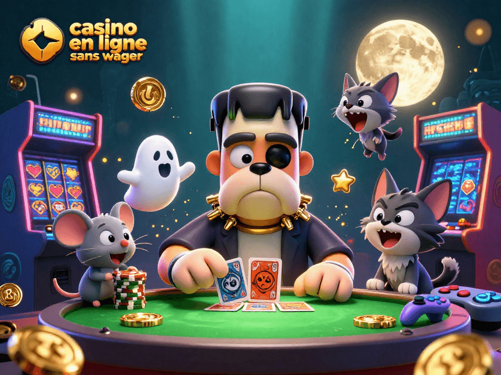 Illustration d'un chien Frankenstein au casino en ligne sans wager avec une ambiance mystérieuse et des éléments de jeux