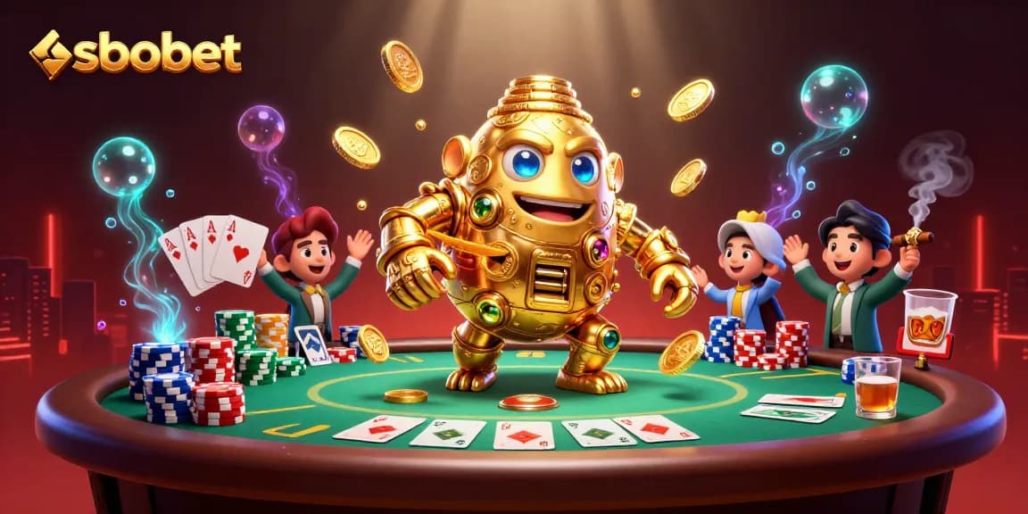 Menggunakan sbobet untuk memasang taruhan di meja poker dengan suasana yang meriah dan detail berkilau.