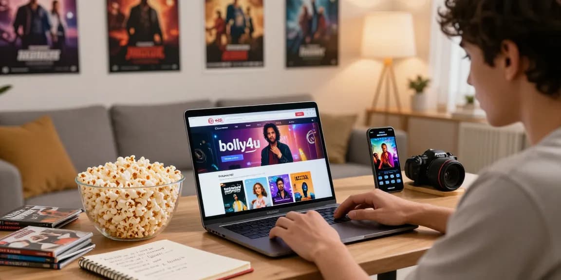 Enjoying bolly4u movies at home with a cozy setup, laptop streaming Bollywood films, and snacks.