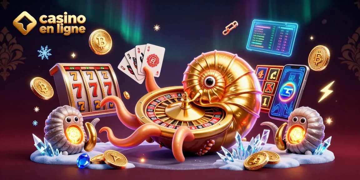 Découvrez le casino en ligne avec une illustration d'un nautilus géant jouant aux cartes et des pièces de cryptomonnaie.