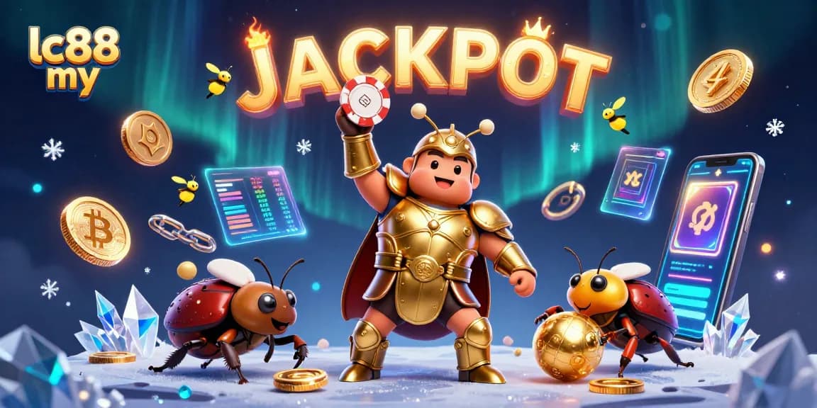 Win big with lc88 my in this vibrant 3D casino scene featuring beetle characters and crypto elements.
