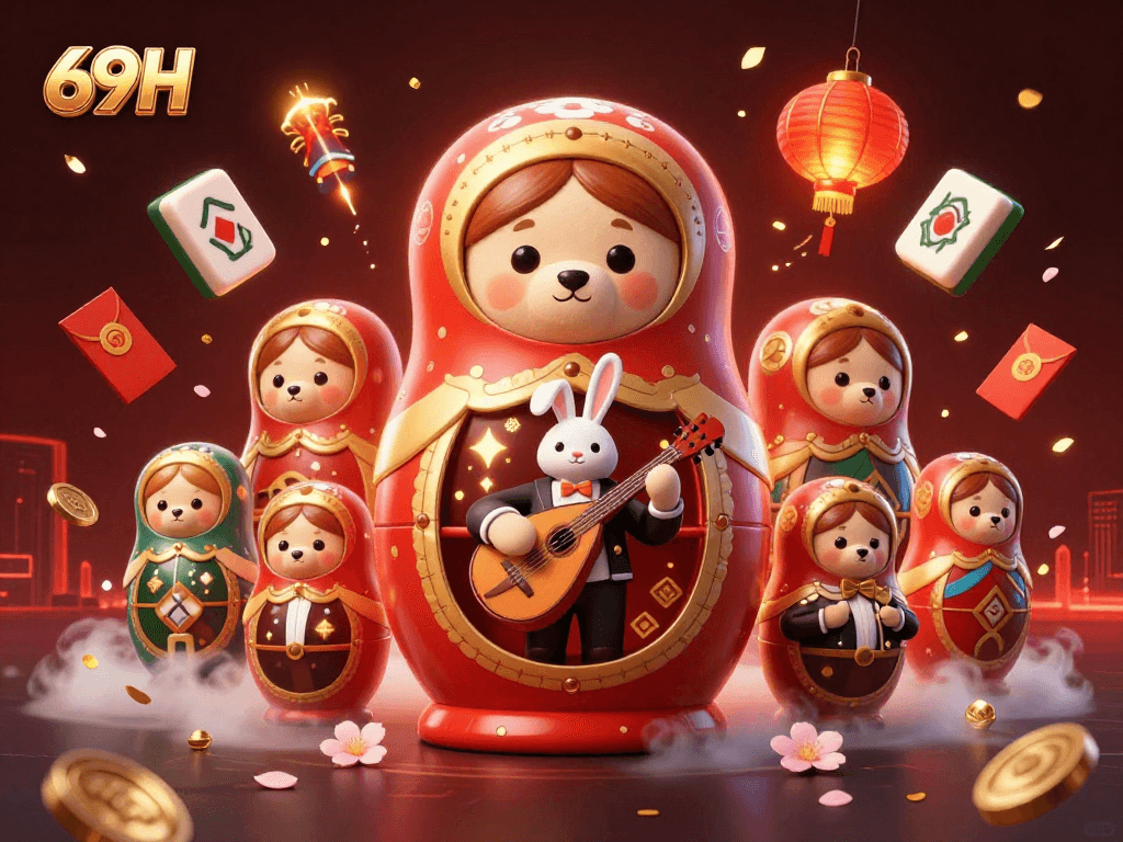 Ilustração 3D ultra-detalhada de 69H com ursos Matryoshka e coelho tocando balalaica em cassino.