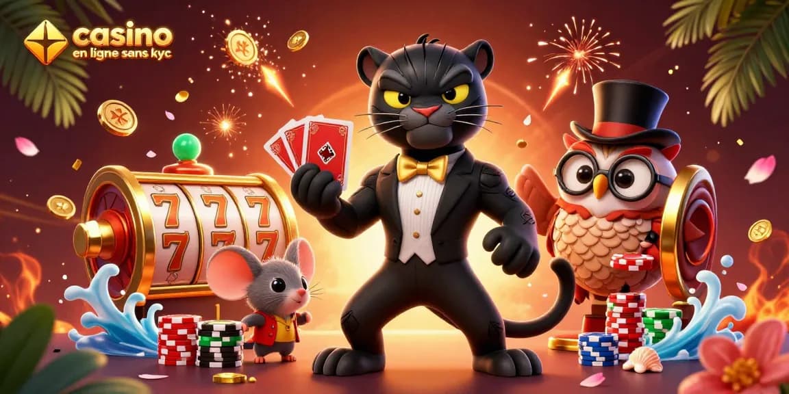 Jouer au casino en ligne sans KYC avec des personnages graphiques animés et des éléments de jeux multicolores.