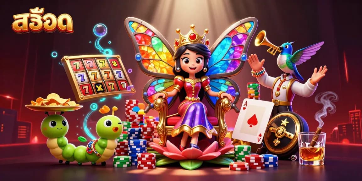 Engage with exciting สล็อต games featuring vibrant slots and playful characters in a dynamic casino scene.