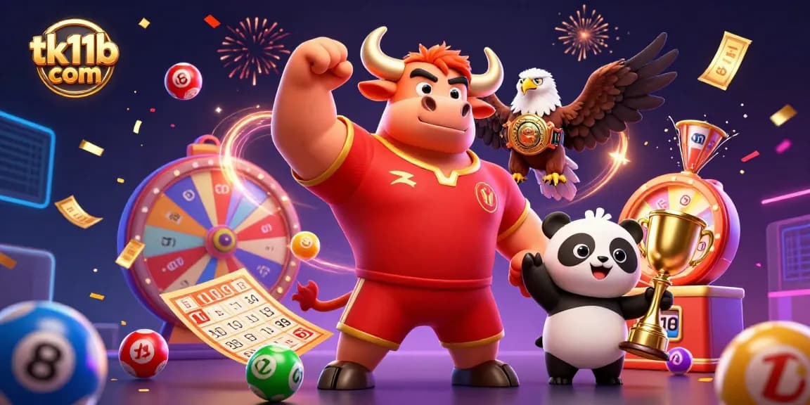 tk11b com celebrates winning moments with dynamic illustrations of games and prizes in a vibrant atmosphere.