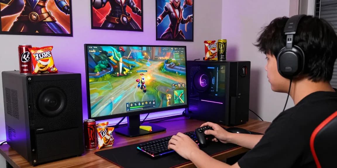 Engaged gamer top-up Mobile Legends with GCash, vibrant setup featuring gaming peripherals.