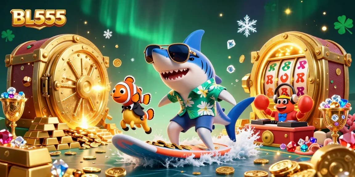 Discover the thrill of BL555 with a vibrant 3D illustration featuring characters amidst treasure and casino game elements.
