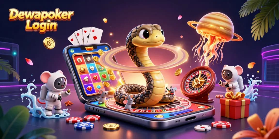 Dewapoker Login showcases fun poker elements as astronaut mice bet and play around a roulette wheel planet.
