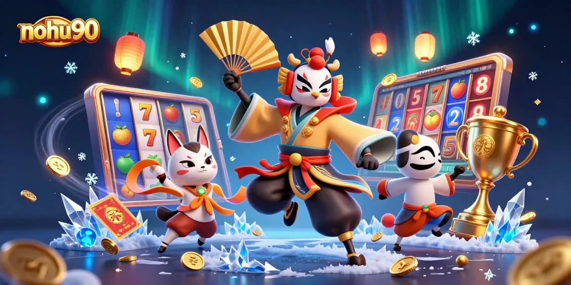 Nohu90 showcases a dynamic 3D cartoon scene featuring kabuki warrior elements combined with vibrant slot games.