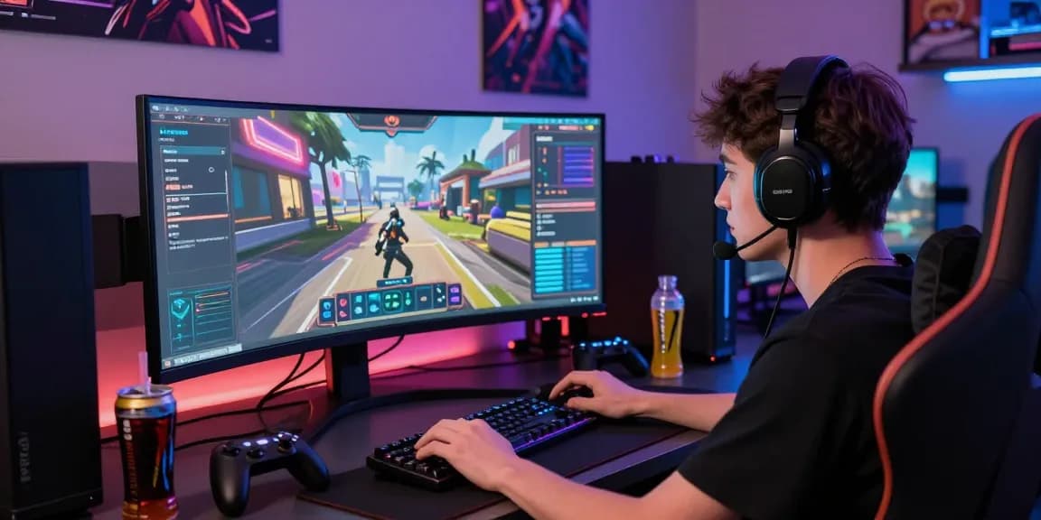 A young male gamer enjoying pakde4d in a vibrant gaming setup, showcasing immersive digital interface and modern design.