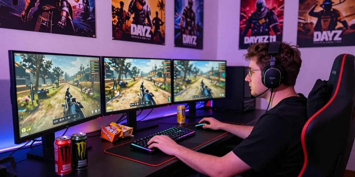 Player using DayZ Cheats in an immersive gaming setup with vibrant lighting and multiple monitors.