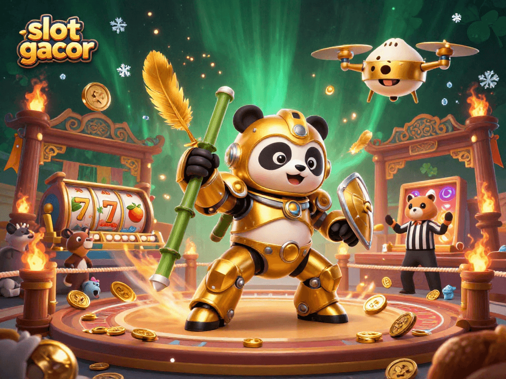 Slot gacor dalam ilustrasi 3D menggambarkan panda emas dalam robot tempur, menampilkan keseruan perjudian.