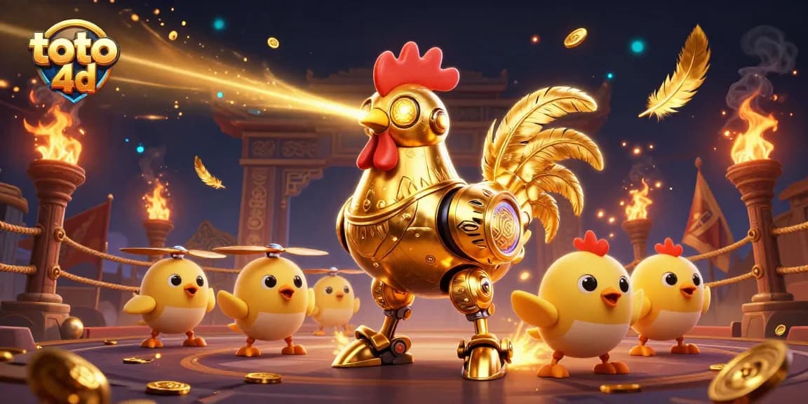 Toto 4D golden rooster robot with golden patterns lasers creates excitement like a jackpot win.